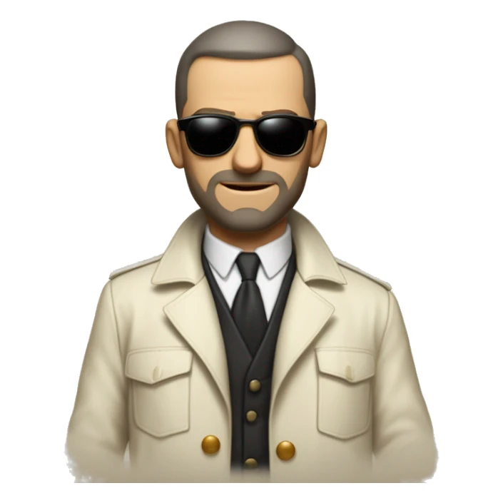 <excerpt>
A 1930s white man with real buzz cut Black hair, beard stubble donning small red tinted sun glasses in a dirty white trench coat, is serious.
</excerpt> sticker