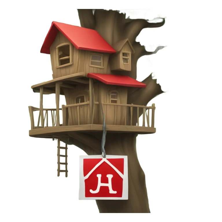 Treehouse with hanging red sign that’s reads OXG in white letters sticker