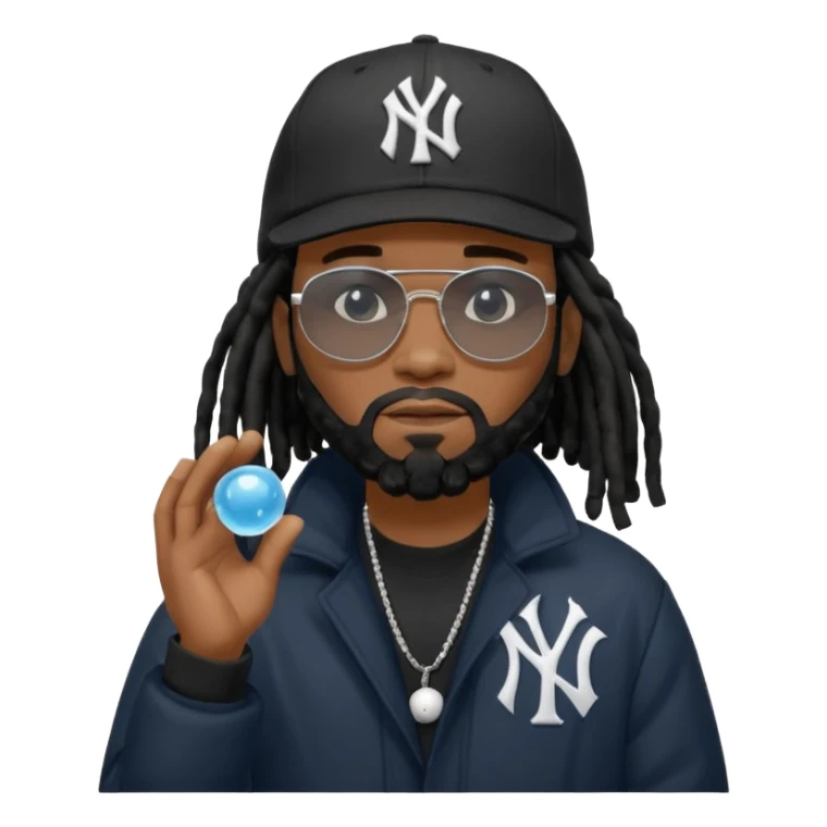 African American man with shoulder length black dreadlocks with black beard wearing black sunglasses wearing a black bubble winter coat wearing a New York Yankees baseball hat with his hands on top of head in thinking position sticker