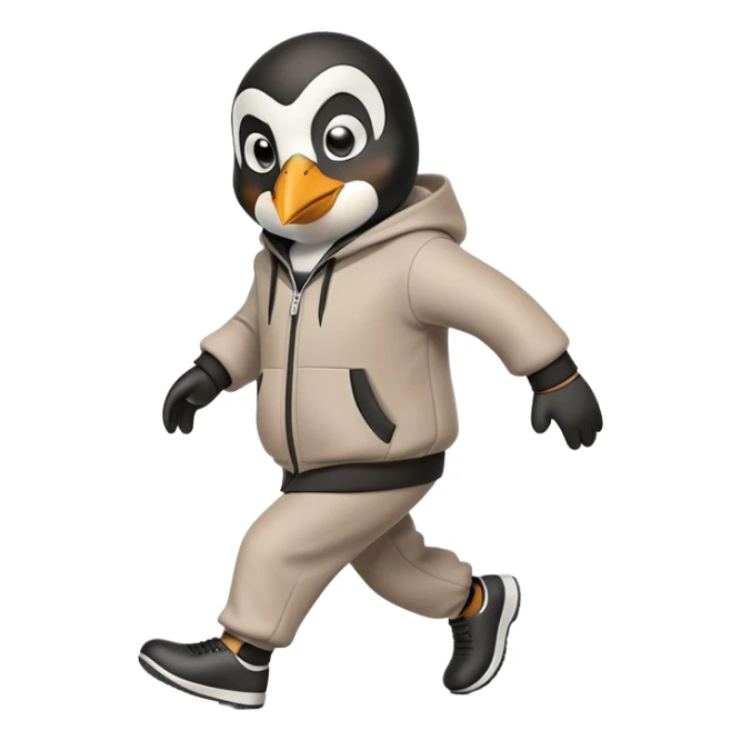 friendly anthropomorphised penguin wearing a mafia-style tracksuit, angry expression, tense hurried stride sticker
