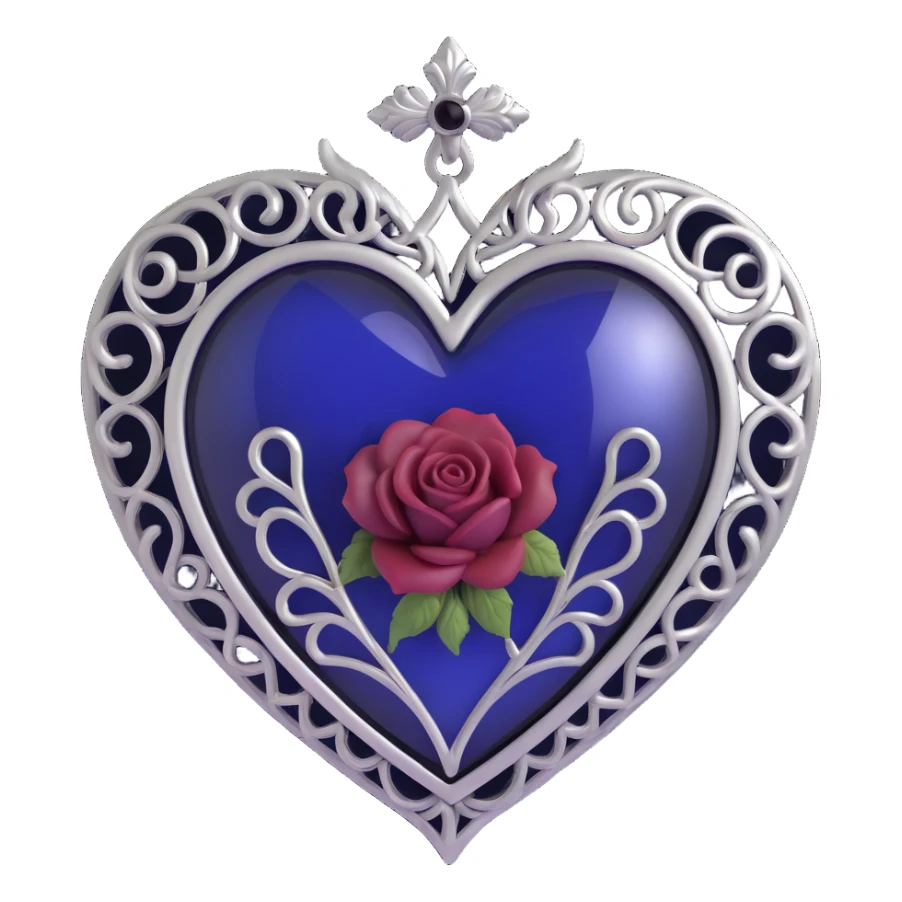 gothic heart, deep indigo glass, silver filigree, black rose accent, moody and elegant sticker