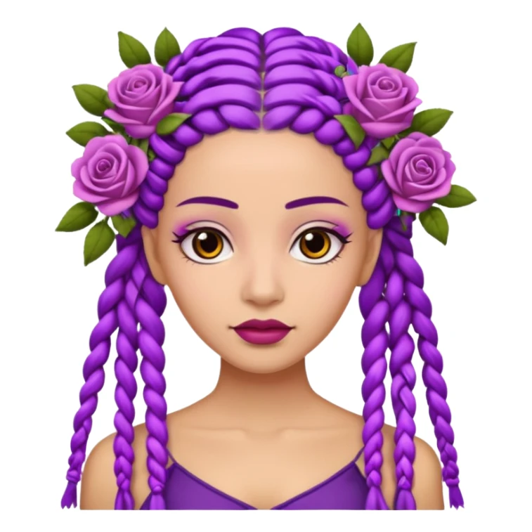CrownedOlive skin queen with purple braids, brown eyes surrounded by roses sticker