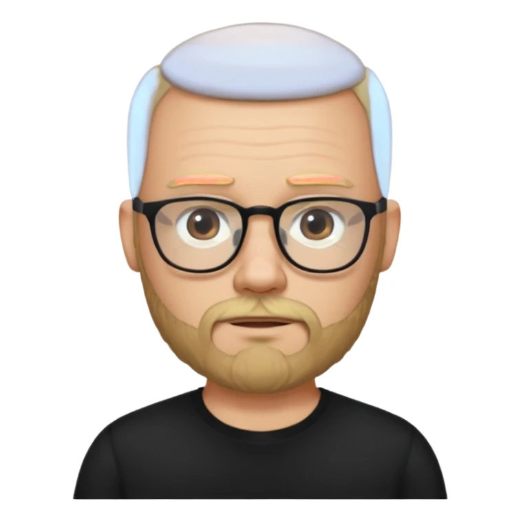 bearded blonde bald man with eyeglasses with black shirt sticker