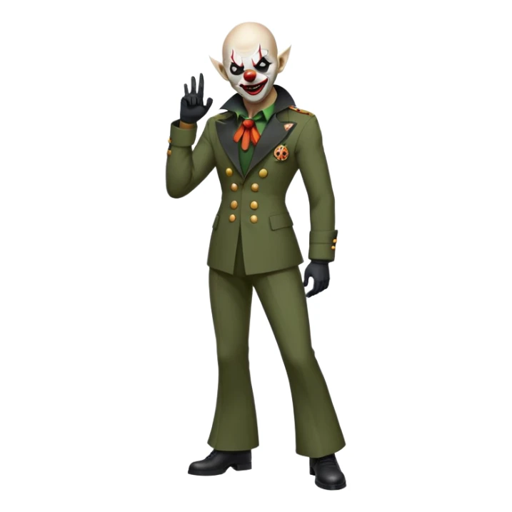 evil clown, bald, short black devil horns on forehead, fangs, pointed ears, black and military green leisure suit with bellbottom pants, realistically proportioned, less bulky, full body, battle-ready, fighting posture sticker