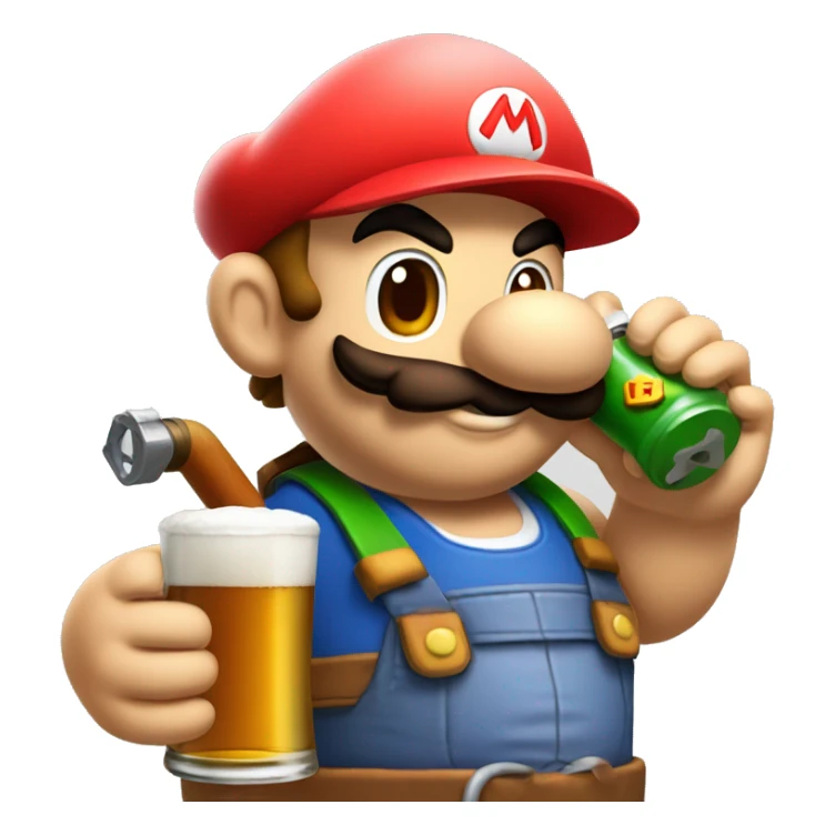 Mario plumber drinking beer with a shirt that reads “HOPE” with a pipe wrench logo sticker