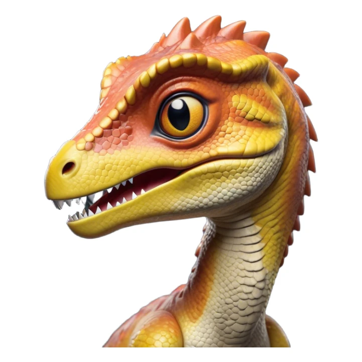 Cinematic Realistic Cute velociraptor/T-rex Portrait Emoji, Head tilted playfully and inquisitively, featuring a compact, slightly rounded build with intricately detailed, textured scales in natural hues and a surprisingly endearing face with bright, curious eyes, rendered with lifelike clarity and warm natural light, high shine, affectionate and quirky, styled with a touch of prehistoric whimsy, soft glowing outline, capturing the essence of a mischievous yet lovable velociraptor/T-rex that seems poised to stomp playfully into your arms! sticker