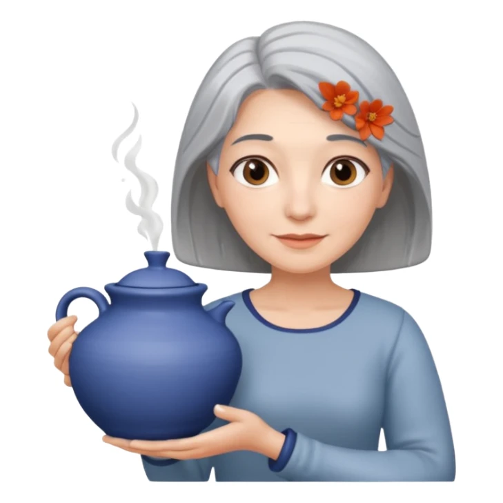 Woman with grey hair with ceramics sticker