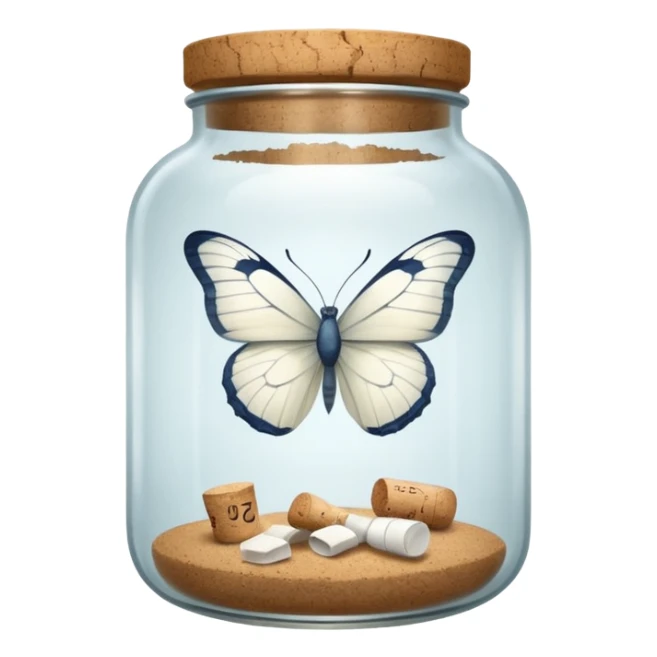 A white butterfly traped in an old jar sticker