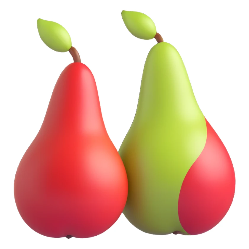 two pears: one whole, one half, with red-green skin, 3D iOS style, volumetric shapes, pastel colors, soft lighting, modern iOS icon style, no background sticker