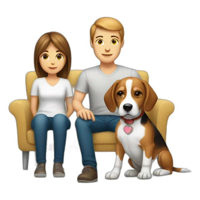 Brown hair White boy and girl with beagle Sit on couch sticker