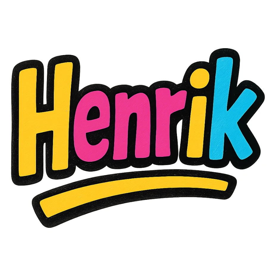 The name 'Henrik' in a modern, colorful gradient font with a dark outline, dynamic style with slanted or partial underline, in the style of reference patterns. sticker