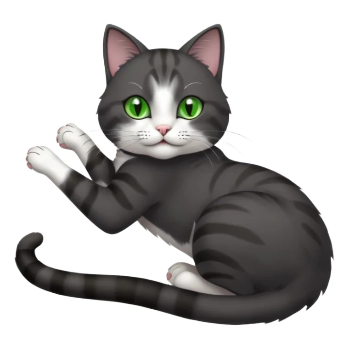 beautiful female solid dark grey cat with green eyes, white toes/paws and white patch on her chest playfully rolling upside down sticker