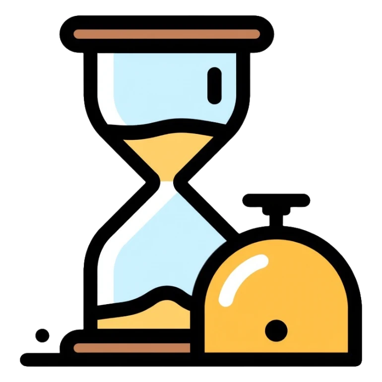 A small hourglass with just a little sand left at the bottom and a shining golden alarm bell next to it, representing a very short task sticker