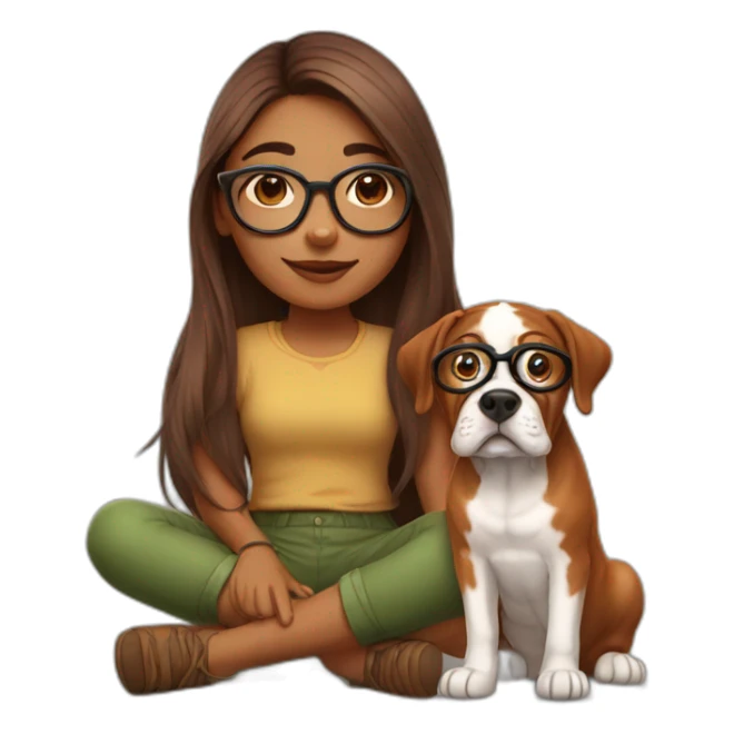 indian girl with long hair in specs with french mastiff on her lap sticker