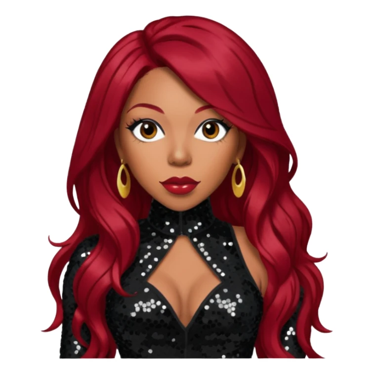 K. Michelle with long dark red hair, black sequin outfit sticker