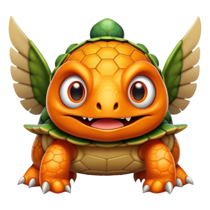 An orange creature with a lion face with fangs, alien googly eyes, claws, wings, with white dots, and a turtle shell. it looks strong. sticker