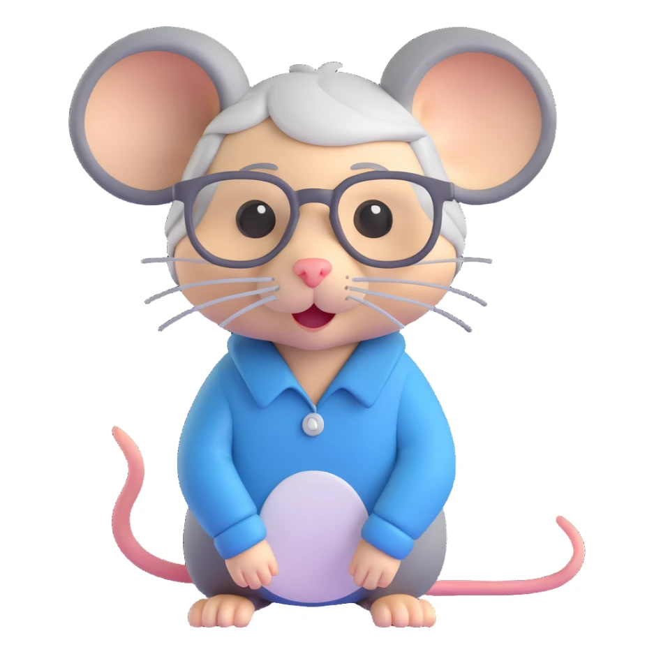 female mouse with very short gray-blond hair, wearing glasses sticker