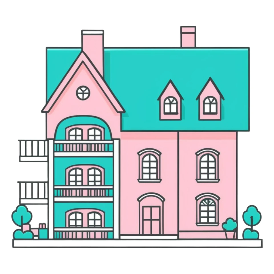 cute pastel pink dollhouse with miniature furniture sticker