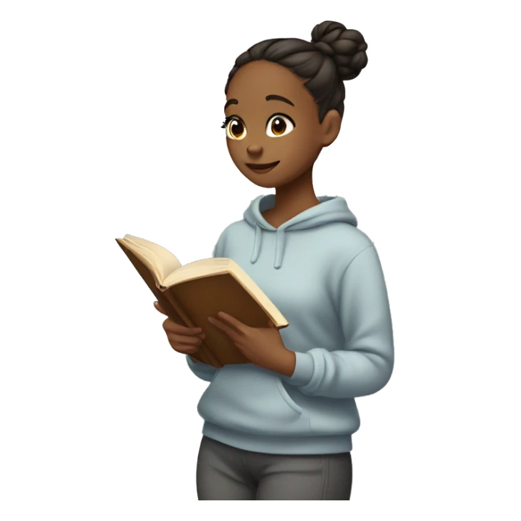 Girl with bun and in sweatshirt and sweatpants reading a book sticker