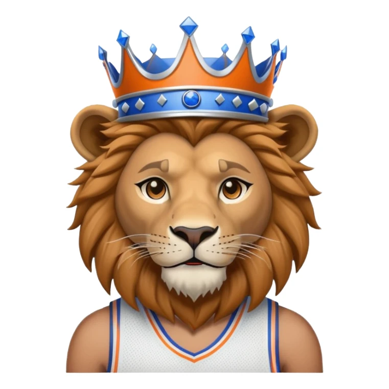 A lion wearing a knicks basketball jersey and a blue crown on his head sticker
