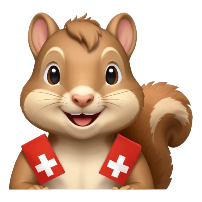 happy squirrel at a party, confetti everywhere, proudly displaying a Swiss flag, emoji style sticker