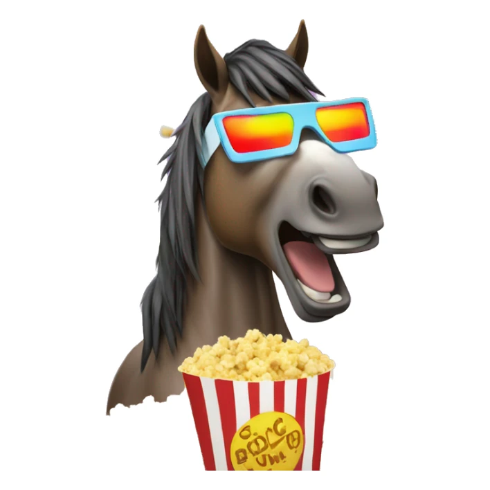 horse watches a movie in 3D glasses and eats popcorn sticker