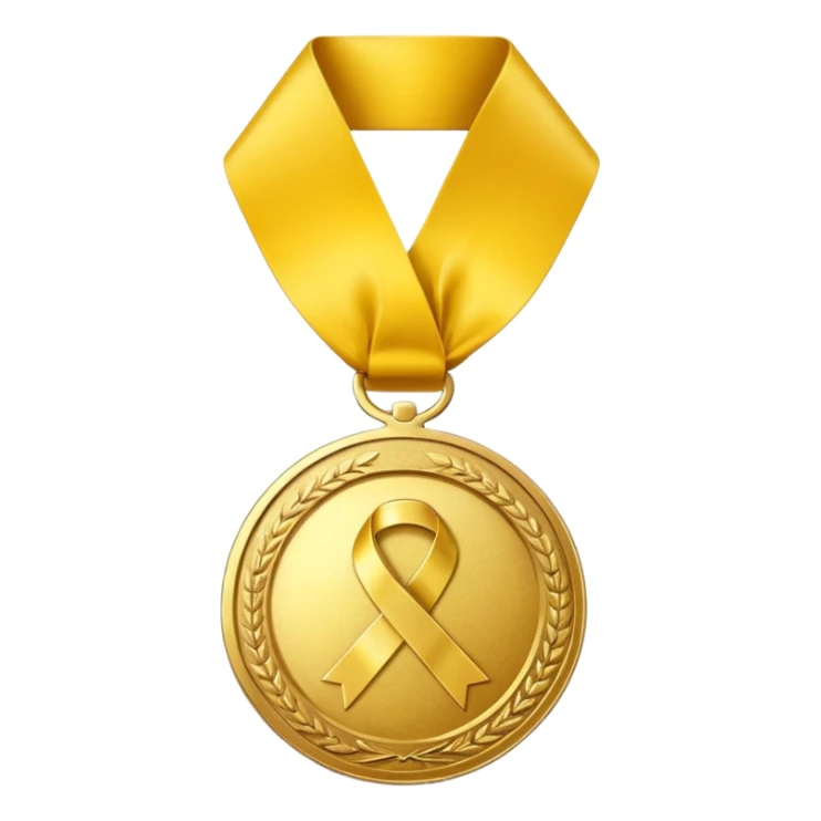 A golden medal with a glossy finish, featuring a central gold awareness ribbon symbol sticker