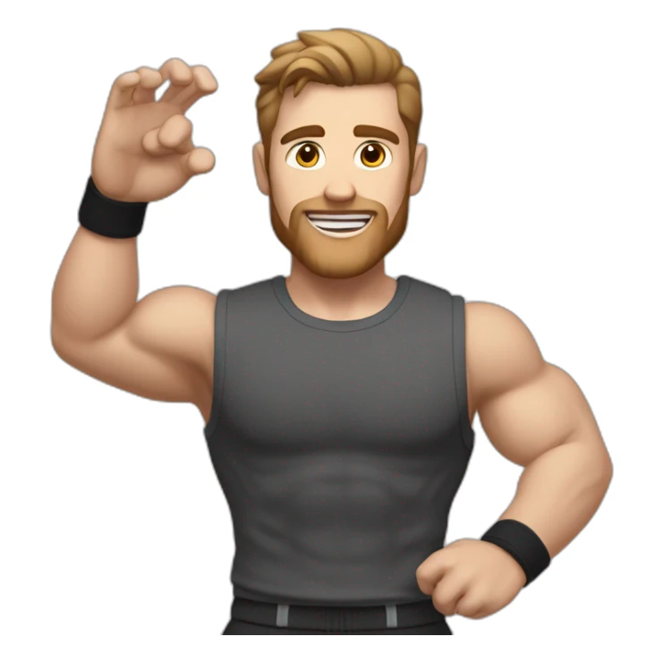 Close up Actively gesturing  with hands Pale skinned Fit Man With the biceps and brown hair in dark gray Sleeveless Mike, black oversize sports shorts, watch and white Sneakers sticker