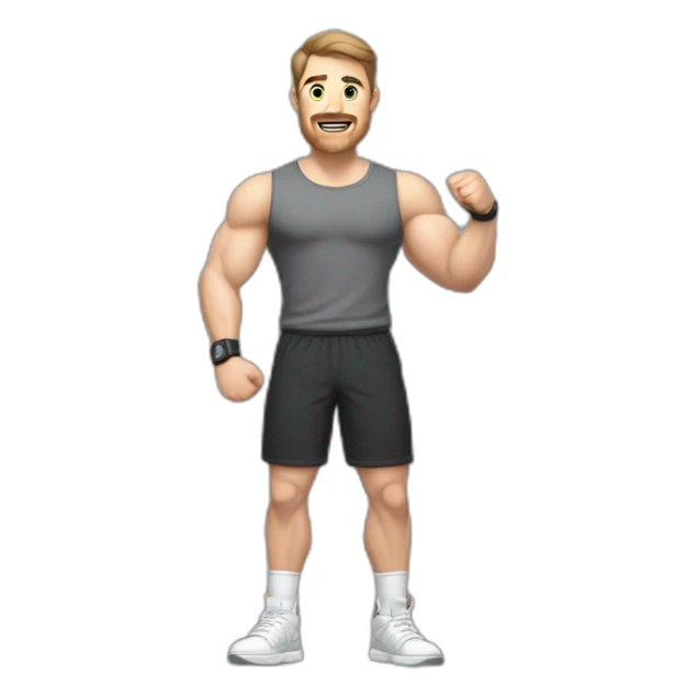 Full height Actively gesturing with hands Pale skinned Fit Man With the biceps and brown hair in dark gray Sleeveless Mike, black oversize sports shorts, watch and white Sneakers sticker