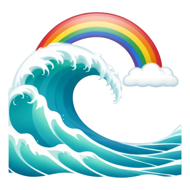 An ocean wave emoji with a rainbow emerging above it, representing peace and positivity after a storm. Minimal, glossy emoji design, vibrant yet calm color scheme. sticker