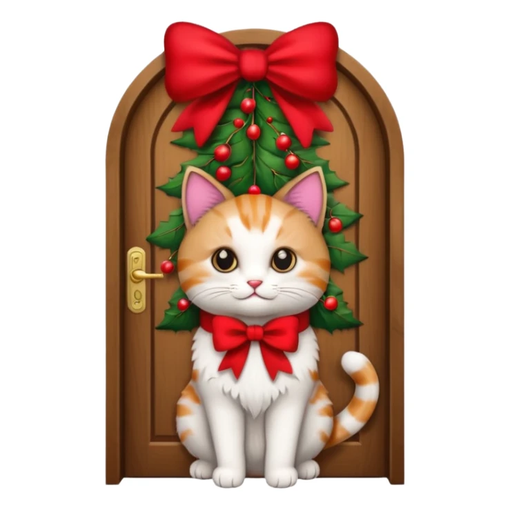 A door with a cat in front of it with h christmas elements on the door sticker