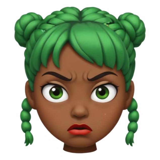 Create a 3D cartoon-style girl character with dark skin, round face, angry expression, big wide eyes, and tightly styled double buns made of green beaded hair. The girl should look irritated, eyebrows sharply angled, and lips pressed in a frown. sticker