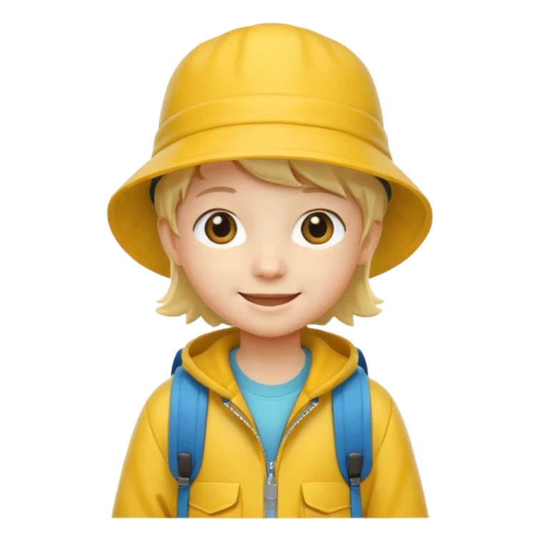 Little student wears yellow bucket hat and jacket, backpack, happy sticker