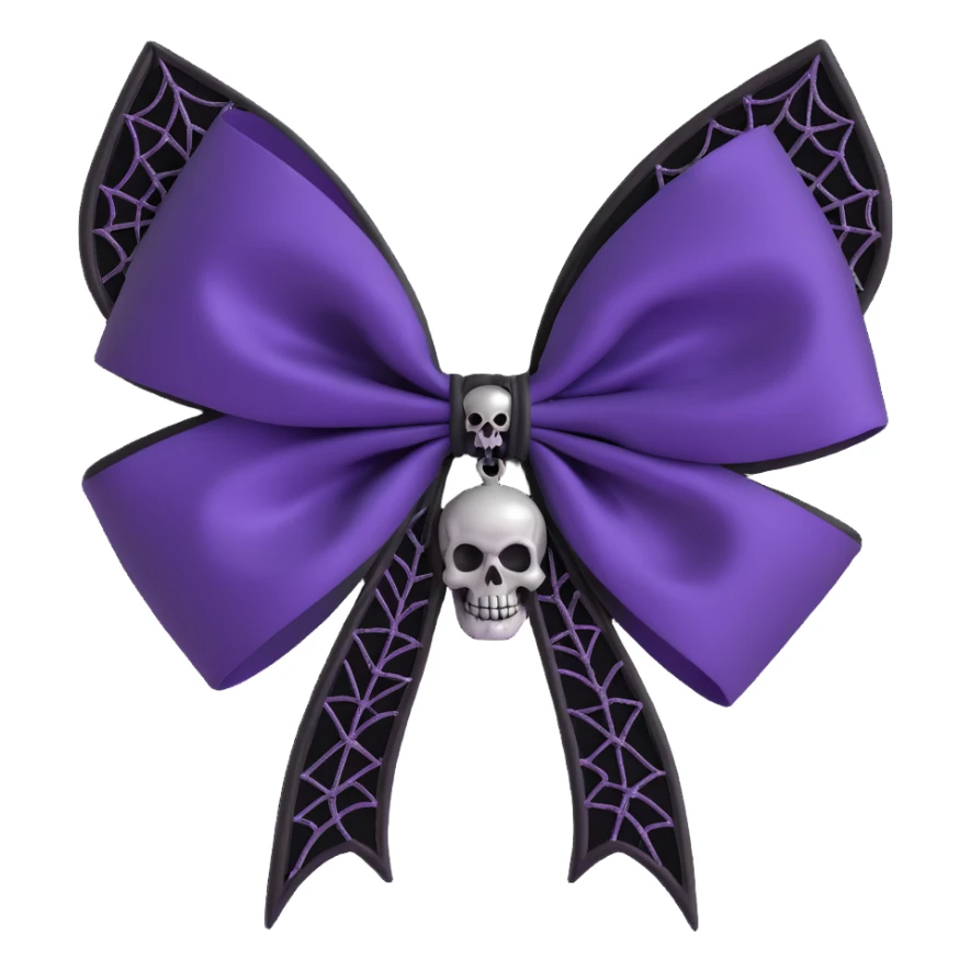 gothic bow with deep purple satin, silver skull charm, black gemstone center, and lace spiderweb overlay, luxurious and gothic sticker