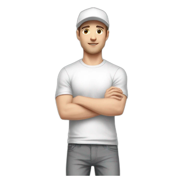 Pale skinned fit Man with dark brown hair in a white cap, gray jeans and gray polo T-shirt keeping a pasted with tape box into his hands sticker