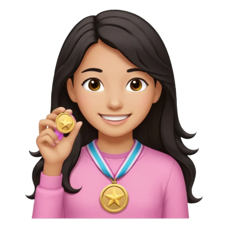 black haired girl wearing pastel pink with one medal, remove any hats, make her smile, make her hair longer, make her tan. no blue please and i said one medal only sticker