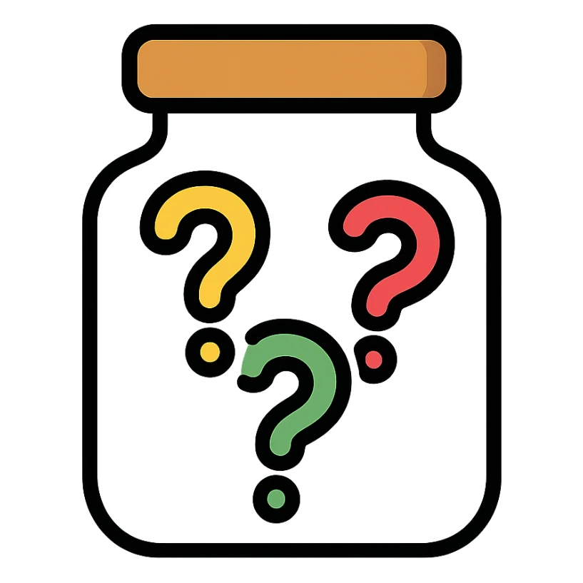 glass jar filled with question marks, color outline icon style sticker