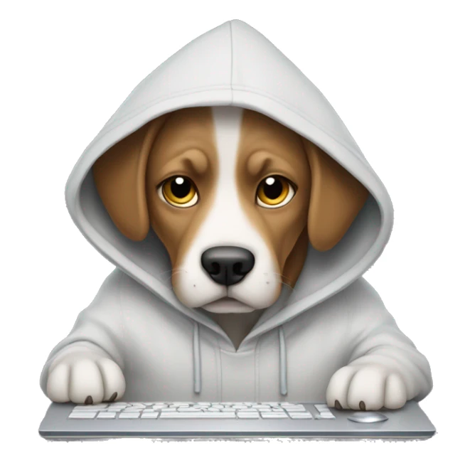 a dog in a hoodie working on  a computer sticker