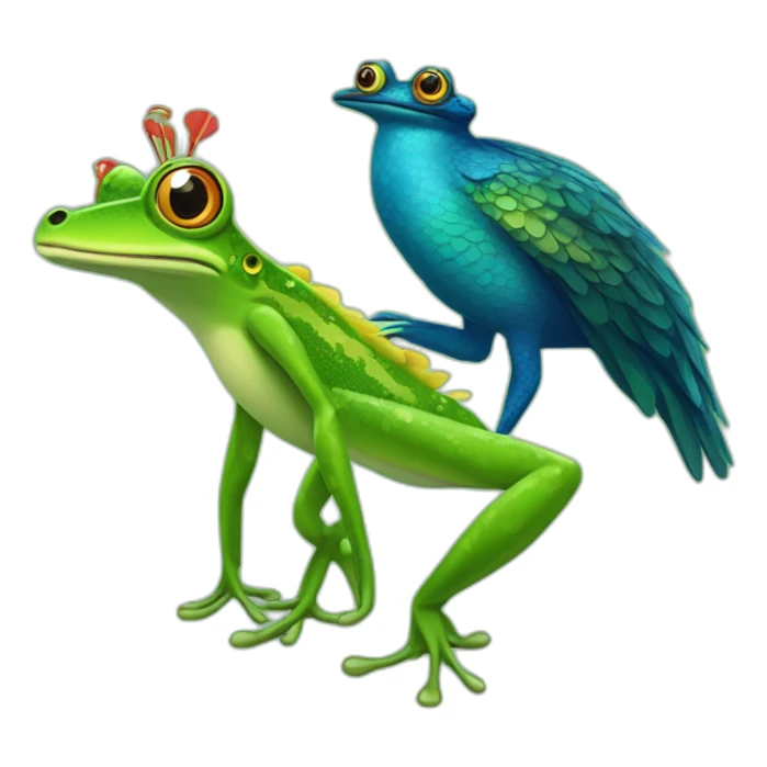 frog head bird body crocodile legs peacock tail sticker