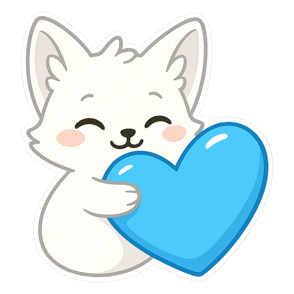 Make the fox white, do not show any legs, keep hugging the stunning blue heart, in chibi sticker style with transparent background. sticker