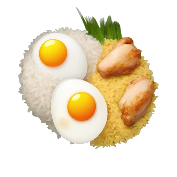 a bowl of rice with two eggs and two chicken sticker