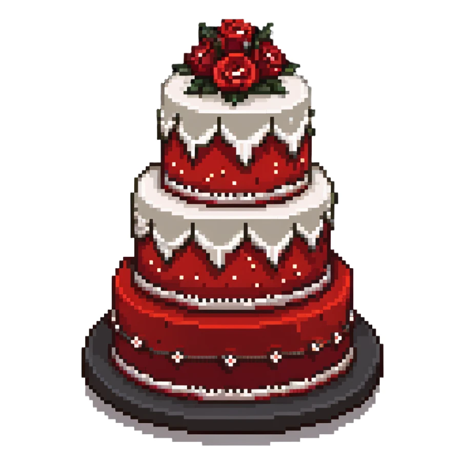 Red wedding cake with white frosting details and small roses sticker