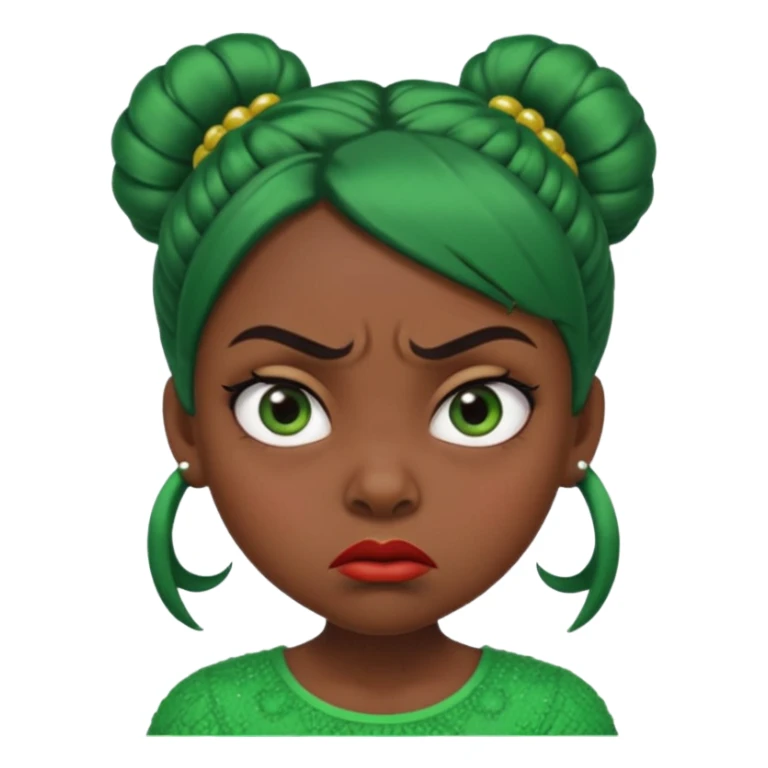 Create a 3D cartoon-style girl character with dark skin, round face, angry expression, big wide eyes, and tightly styled double buns made of green beaded hair. The girl should look irritated, eyebrows sharply angled, and lips pressed in a frown. sticker