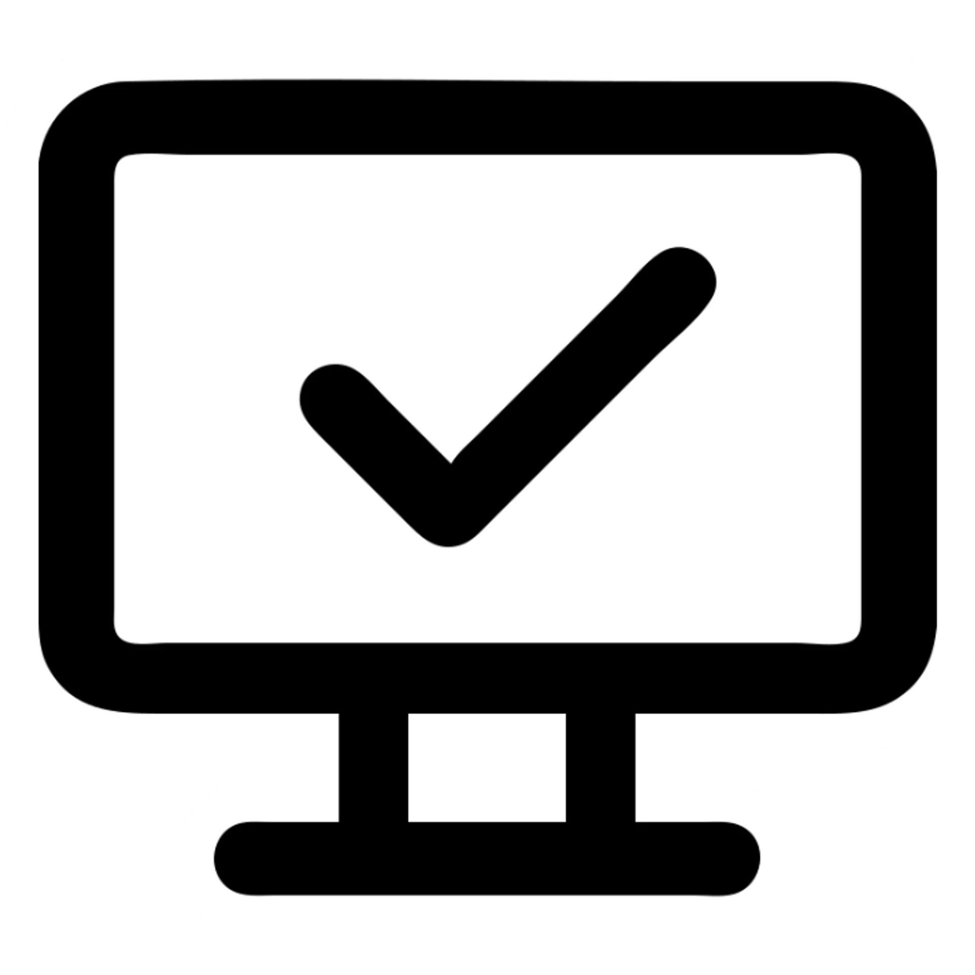Edit the image of a monitor with a checkmark in a minimalist style with solid black fill and transparent background. Tilt the checkmark to the right. sticker