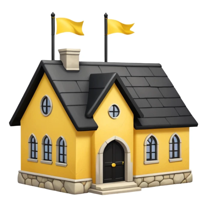 simple magic school, low detail, white background, magic school, black roof, with a big flag, big flag on a roof, big yellow flag, white school sticker