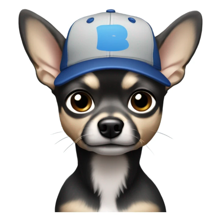 Handsome man with blue eyes, wearing ball cap, with grey hair and goatee beard, holding all black long haired chihuahua sticker