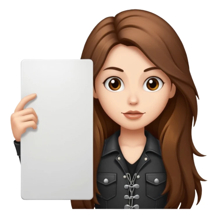 A fair skin rocker chick with long brown hair holding a large blank sign sticker