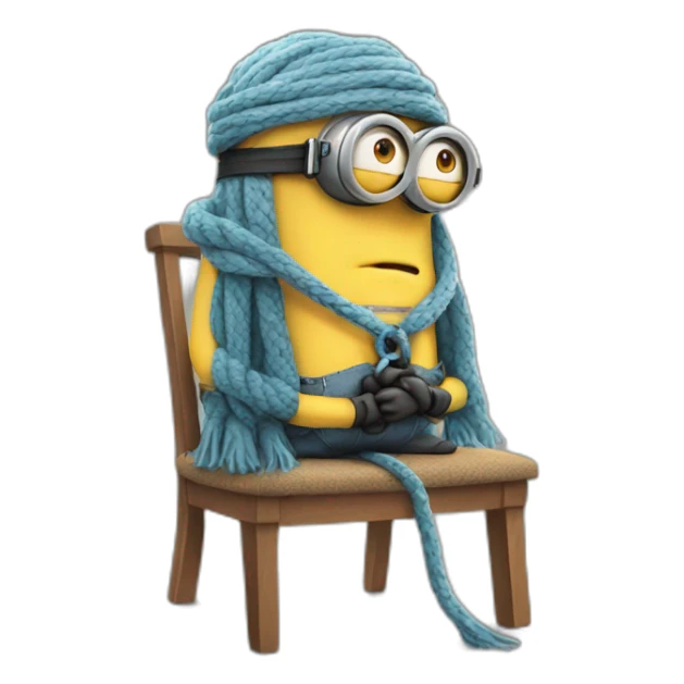 sad minion with a rope scarf standing on a chair sticker