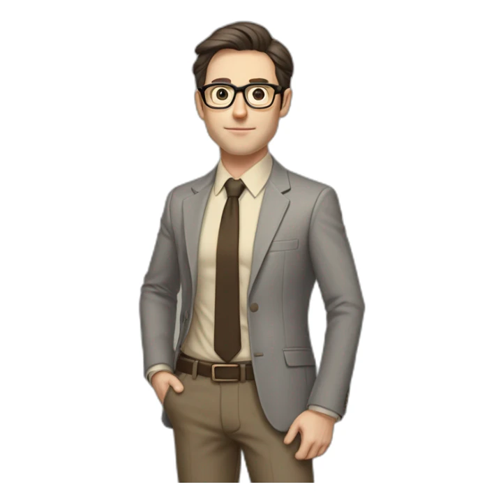 Full height Pale skinned Fit Man With dark brown hair in gray jacket, beige office shirt, tie, Brown pants and vintage glasses. Thrumbs of his palms directed up sticker
