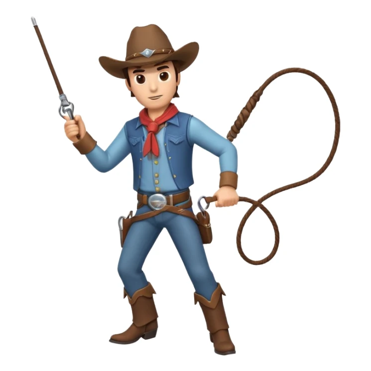 cowboy man holding a whip, dynamic pose, western outfit, adventure vibe, 3D cartoon, mobile game icon style, clean background, no text, no watermark
 sticker